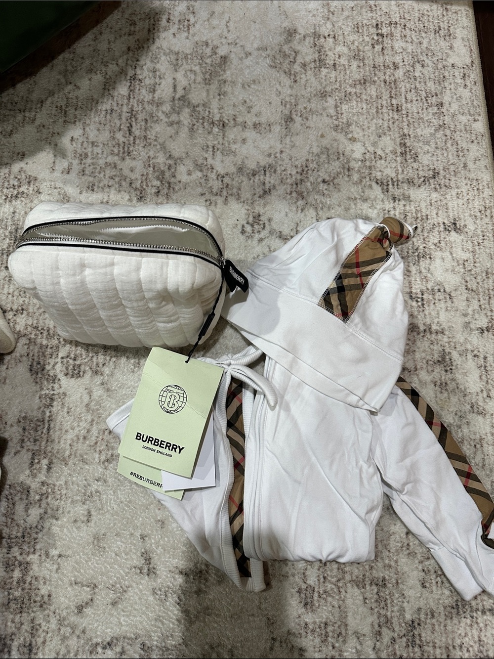 Burberry infant onesie with matching hat